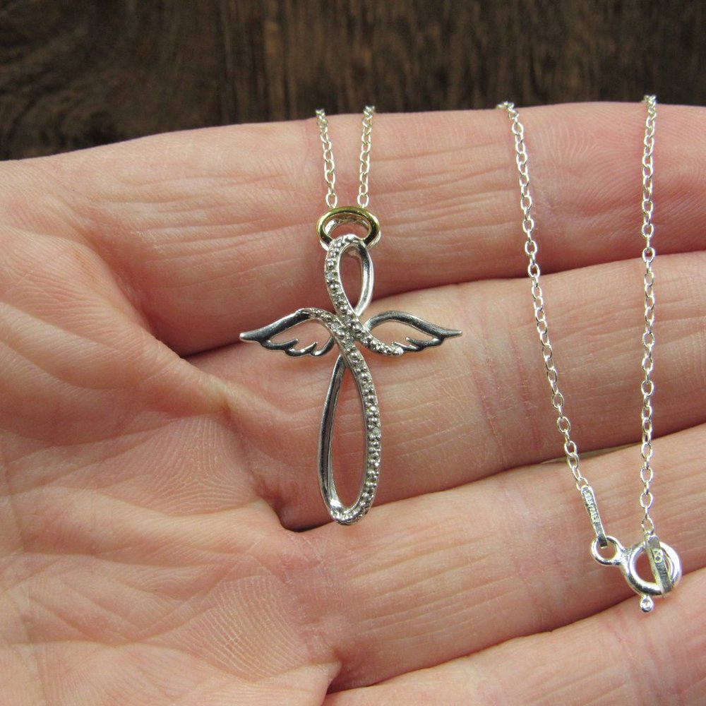 16" Sterling Silver Diamond Angel Cross Religious Necklace Vintage - Picture 2 of 7